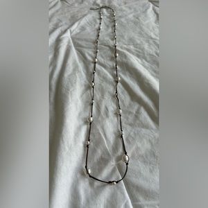 ✨ SOLD ✨ White Faux Pearl and Brown Cord Adjustable Long Strand Necklace